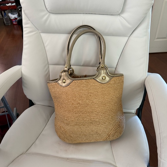 Straw Woven Coach Bleeker handbag with Flower Accent. Naturally woven. - Picture 8 of 14